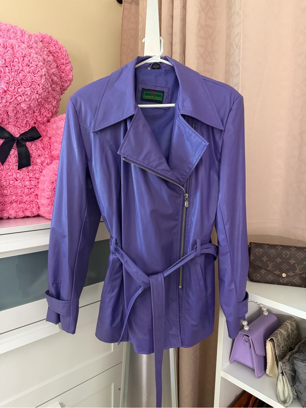 Purple Leather Belted Trench Coat by Nicole Miller